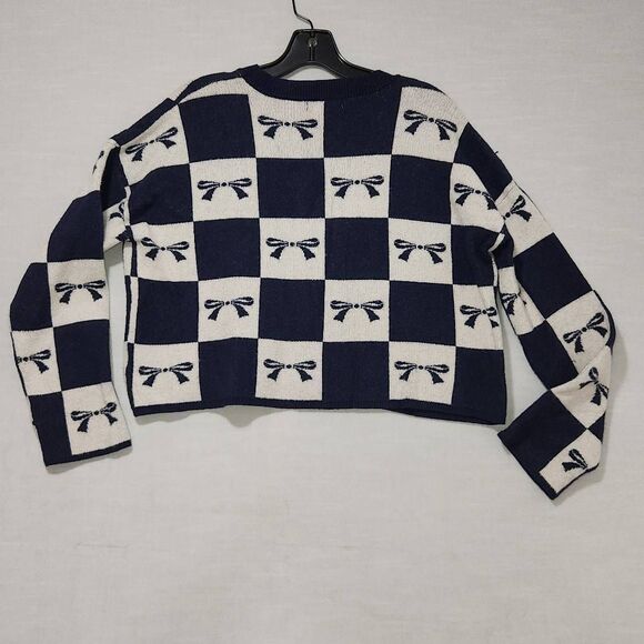 Sincerely Jules Women's Size Large Navy Blue White Bow Print Cropped Sweater - Picture 3 of 10